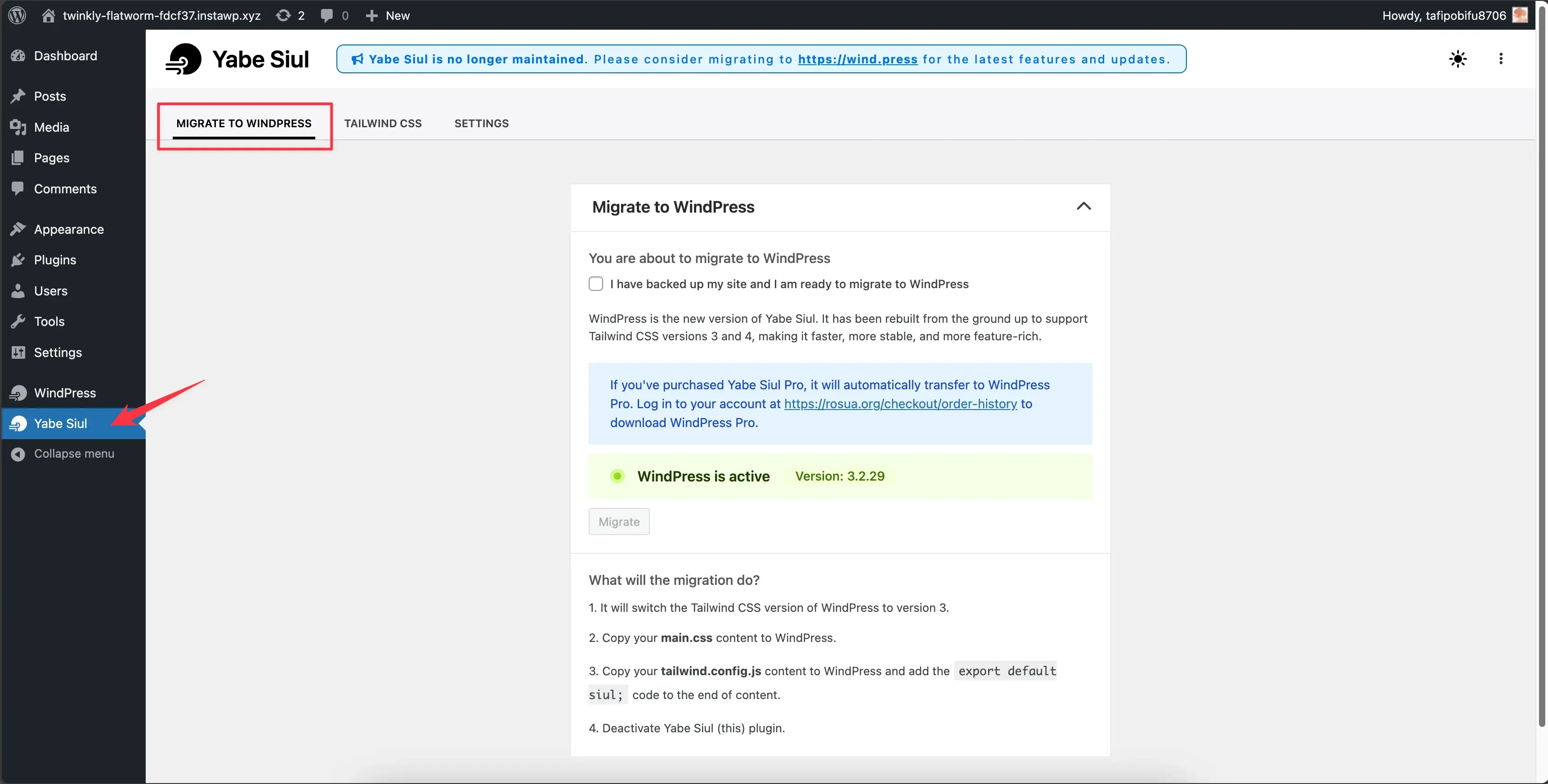 Navigate to the Migration tab